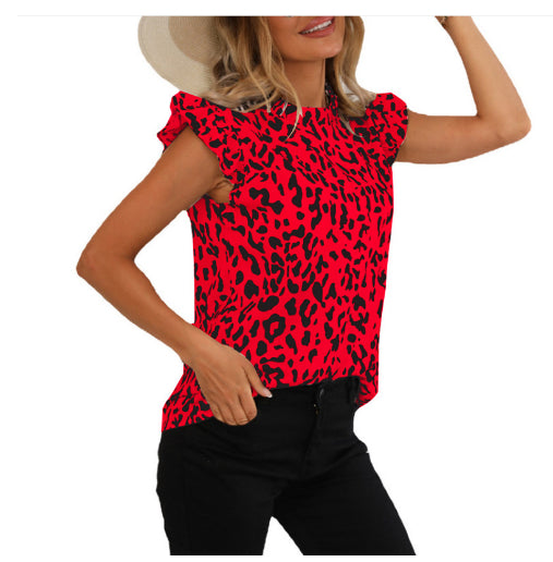 Leopard Print Pullover Chiffon Shirt Contrast V-neck Drop Shoulder Short Sleeve