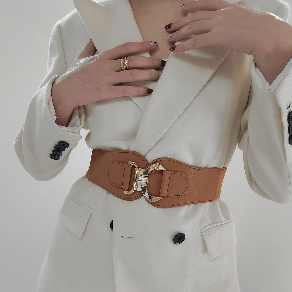 New Autumn And Winter Women's Wide Belt Metal Curved Buckle Belt With Suit Jacket Elastic Elastic Comfortable Waist