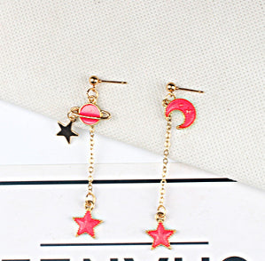 Star Moon Drop Earrings Pink Planet Long Pendant Earrings