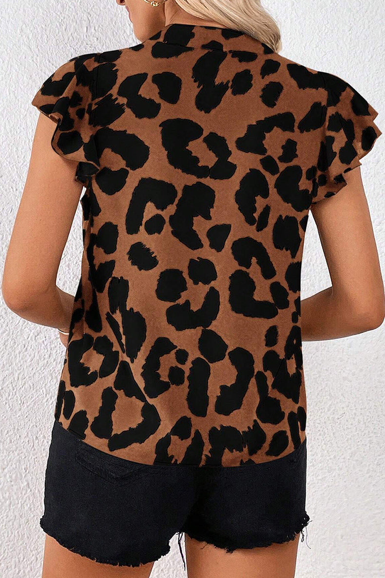 Leopard Print Pullover Chiffon Shirt Contrast V-neck Drop Shoulder Short Sleeve