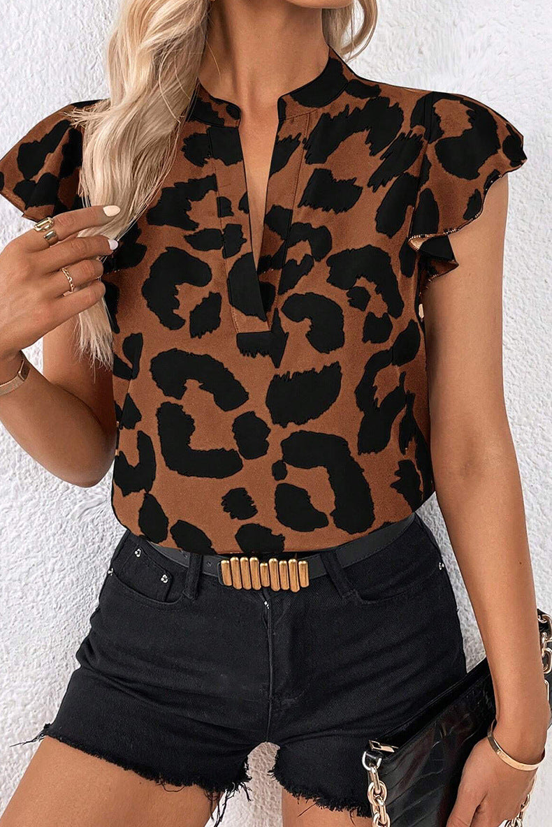 Leopard Print Pullover Chiffon Shirt Contrast V-neck Drop Shoulder Short Sleeve