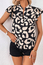 Leopard Print Pullover Chiffon Shirt Contrast V-neck Drop Shoulder Short Sleeve