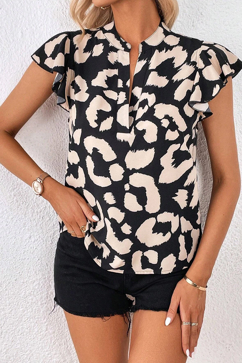 Leopard Print Pullover Chiffon Shirt Contrast V-neck Drop Shoulder Short Sleeve