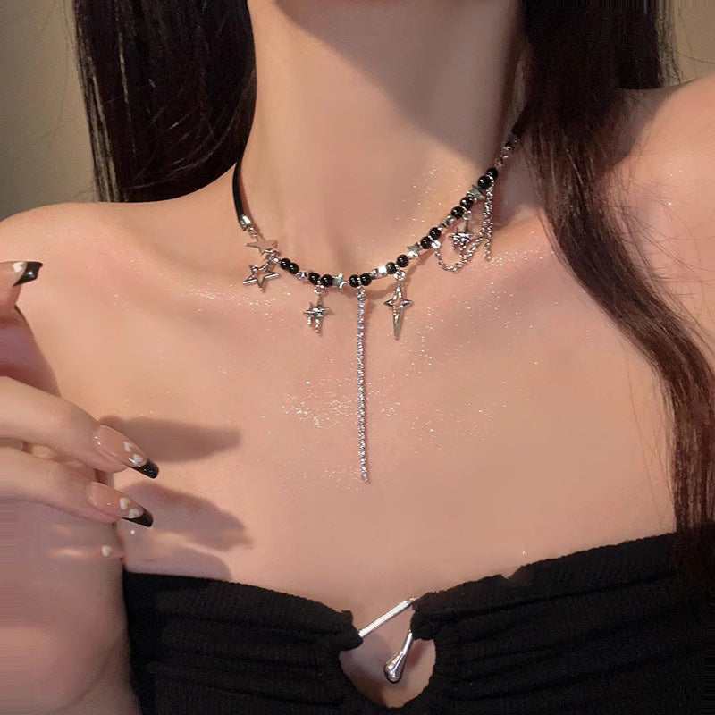 Womens Black Four-Point Star Beaded Necklace